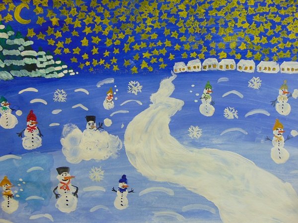Рисование коллективное Снеговики