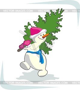 Нарисованный Снеговик несет елку