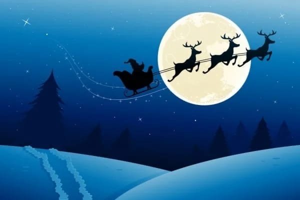 Санта Клаус на оленях на фоне Луны