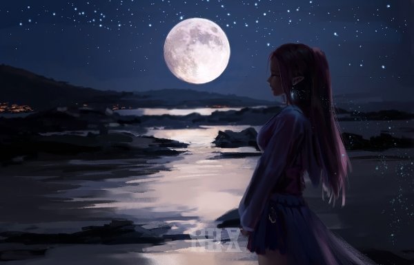 Аниме девочка на фоне луны