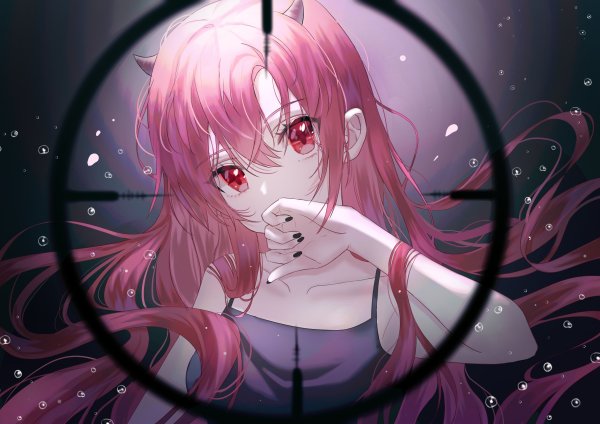 Девушка из аниме с розовыми волосами и рожками