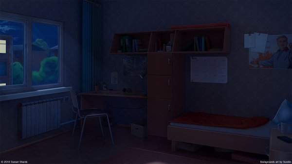 Тёмная комната с кроватью аниме