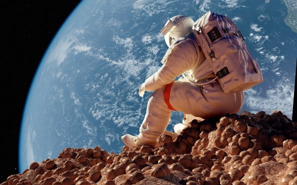 Астронавты на луне на фоне земли