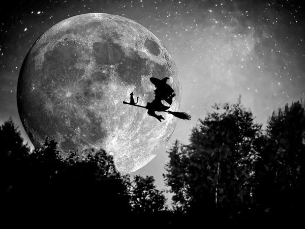 Ведьма на метле на фоне Луны