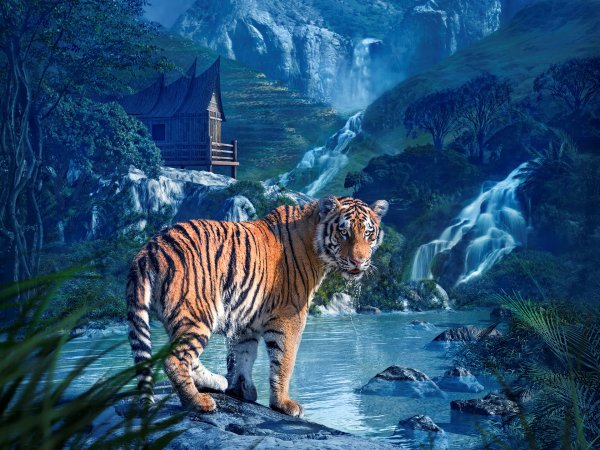 Тигр у водопада