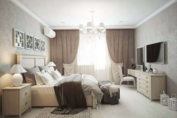 Спальня в бежевых тонах с белой мебелью