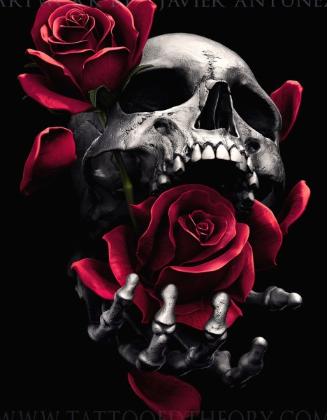 Череп с розами на черном фоне