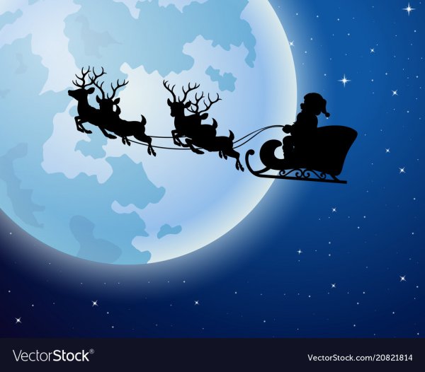 Дед Мороз на санях с оленями в небе