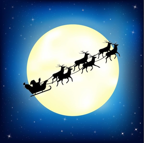 Дед Мороз на санях с оленями около Луны