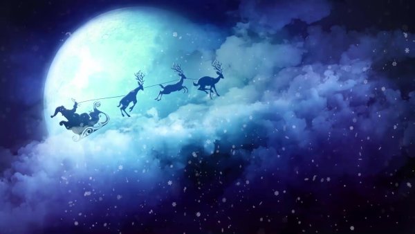 Санта Клаус в небе с оленями