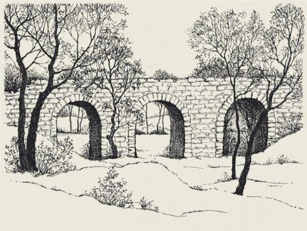 Зарисовки деревья на фоне каменного архитектурного сооружения