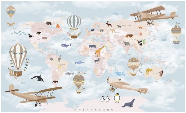 Детские фотообои карта мира с животными