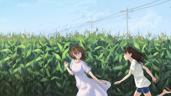 Аниме девушка в поле