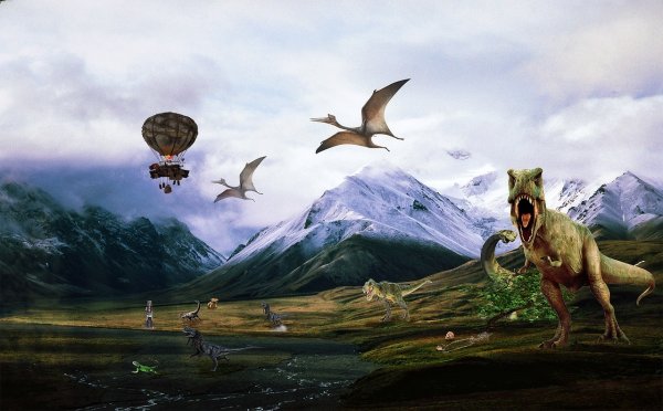 Динозавр на фоне гор