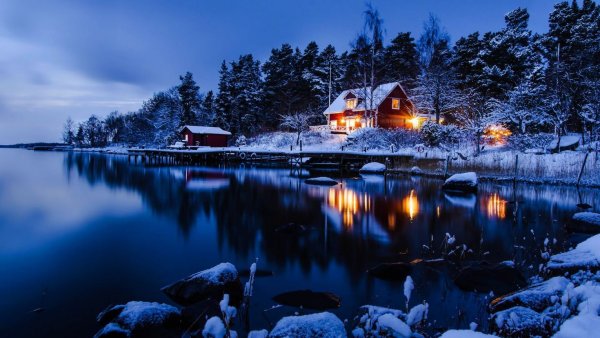 Зима ночь лес дом