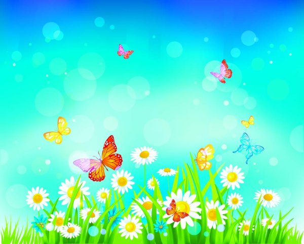 Лужайка с цветами и бабочками