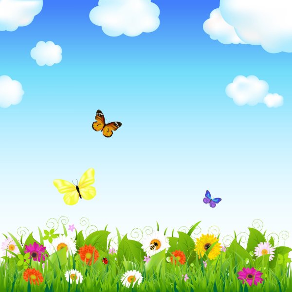 Полянка с цветами и бабочками небо