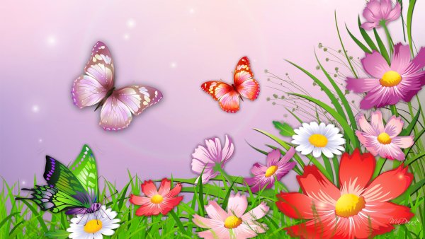Поляна с цветами и бабочками