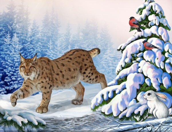 Зимний пейзаж с животными