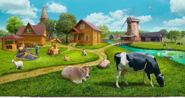 Домик в деревне с коровой