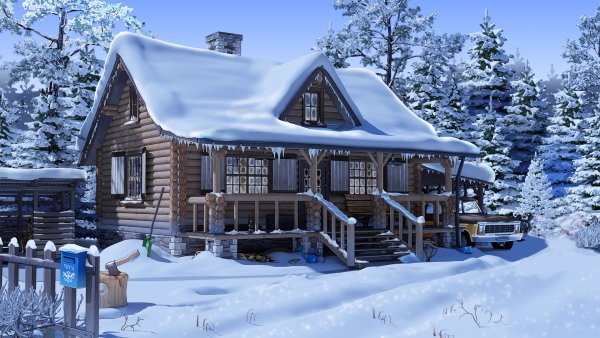 Фон дом в лесу зима