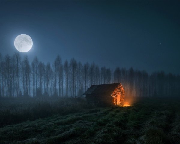 Домик в лесу ночью
