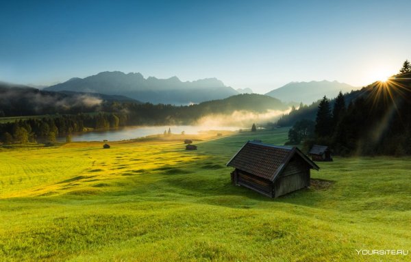 Альпийские Луга Швейцария деревня озеро рассвет