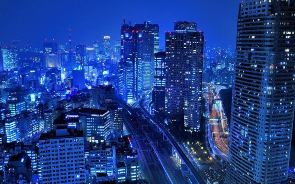 Япония Токио ночью небоскребы