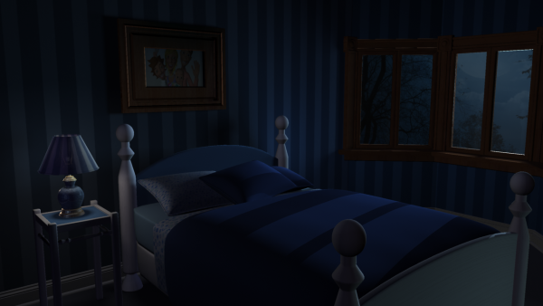 Тёмная комната с кроватью арт
