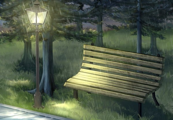 Скамейка и фонарь в парке