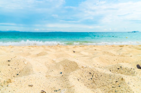 Фон моря с песком и девушкой