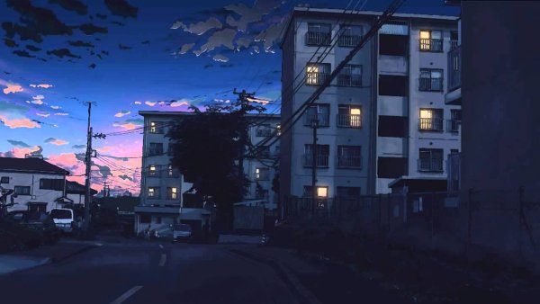 Многоэтажный дом ночью аниме
