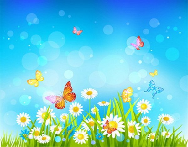 Лужайка с цветами и бабочками