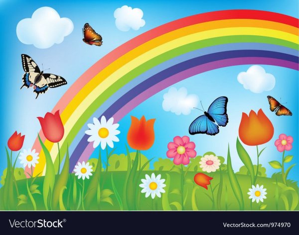 Полянка с цветочками и радугой