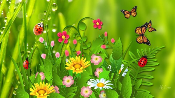 Поляна с бабочками и цветочками