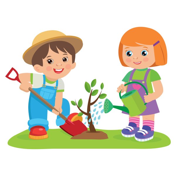 Дети садят дерево вектор