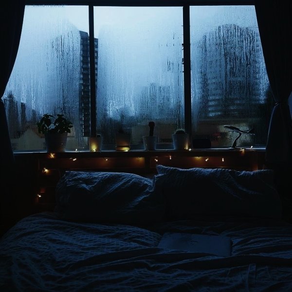 Кровать у окна ночью