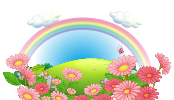 Полянка с цветочками и радугой