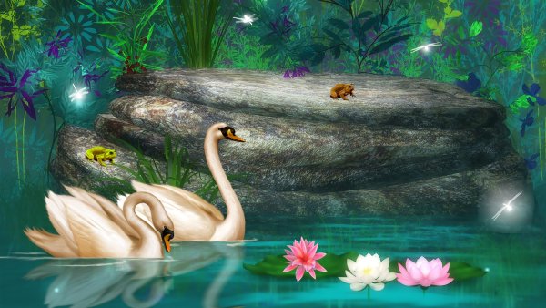 Сказочный пруд с лебедями