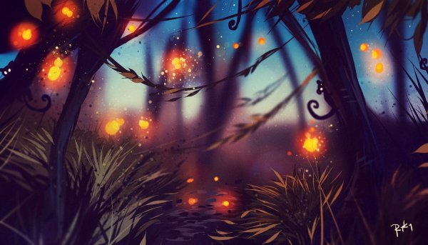 Лес с светлячками ночью аниме