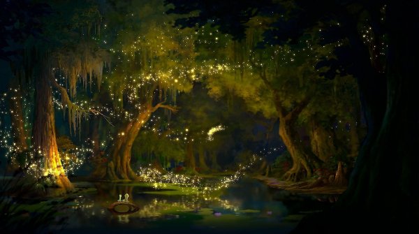 Лес с светлячками ночью аниме