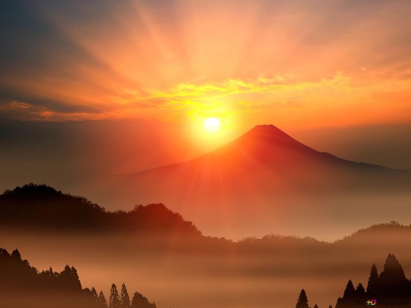 Япония закат над горой Фудзи