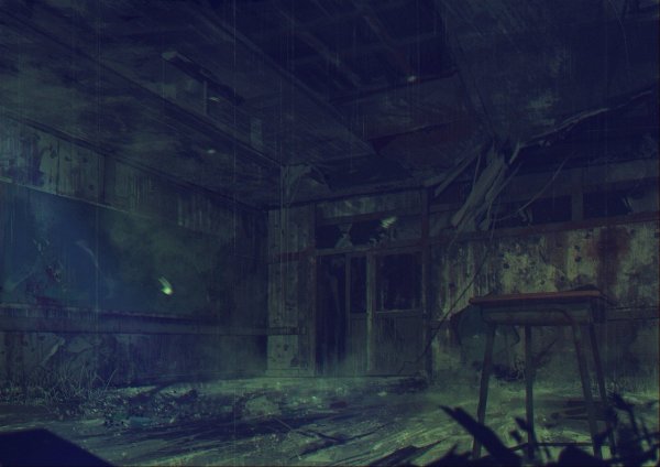 Заброшенный дом внутри ночью