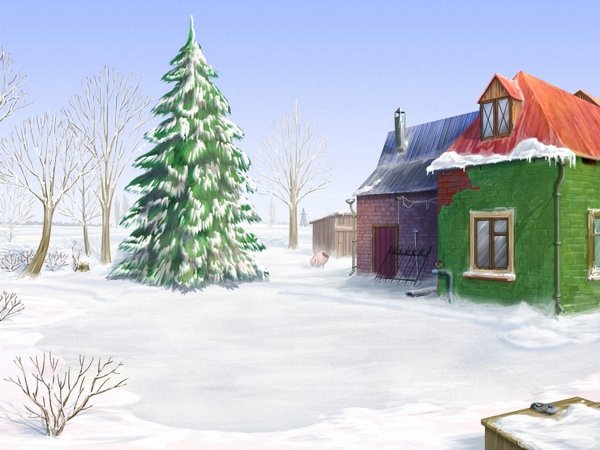 Деревня зимой мультяшная