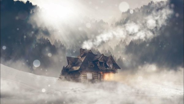 Дом в зимнем лесу арт