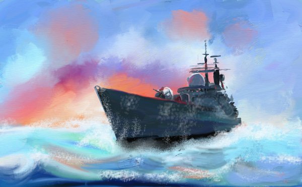 Военный корабль акварелью