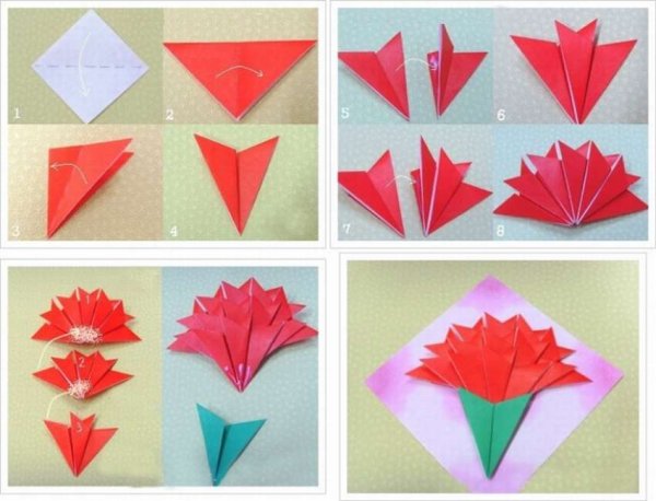 Гвоздика оригами из бумаги к 9 мая для детей