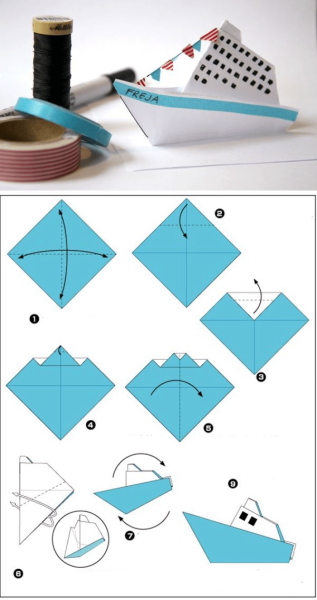 Оригами кораблик парусник из бумаги для детей