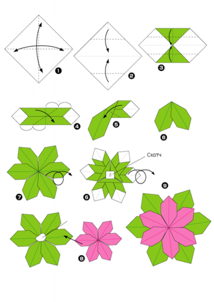 Цветочек из бумаги оригами простая схема