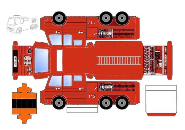 Модель пожарной машины из бумаги